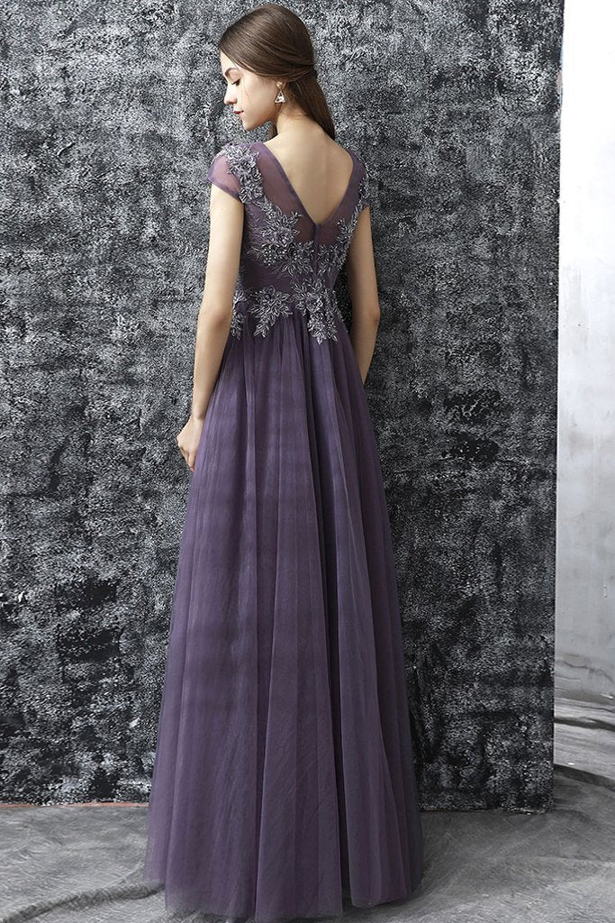 A-line Scoop-Neck Floor-Length Tulle Prom Dresses With Beading