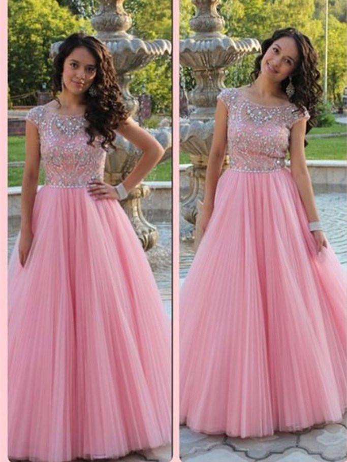 A-line Scoop-Neck Floor-Length Tulle Prom Dresses With Rhine Stones