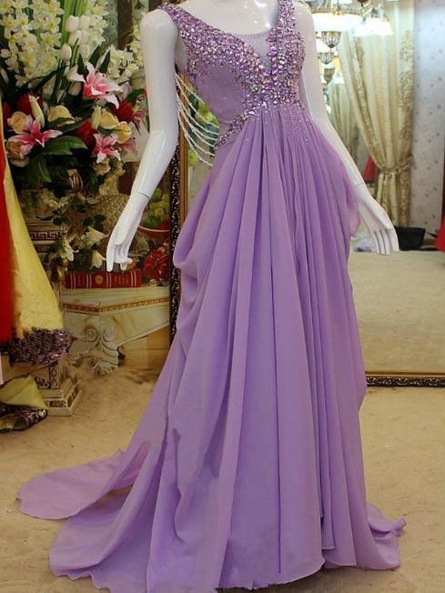 A-line Scoop-Neck Sweep Train Chiffon Lilac Prom Dresses With Crystal