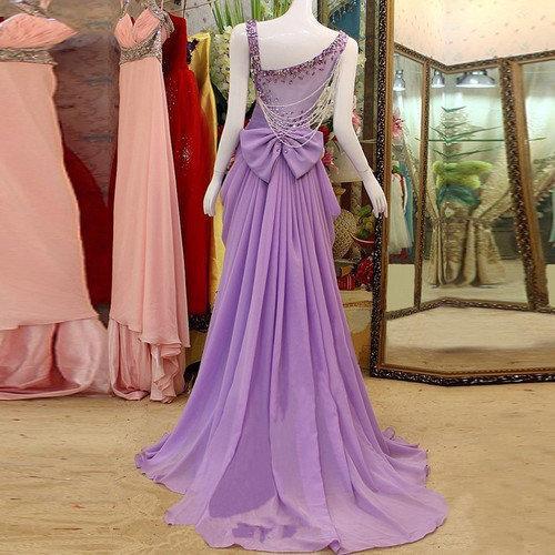 A-line Scoop-Neck Sweep Train Chiffon Lilac Prom Dresses With Crystal