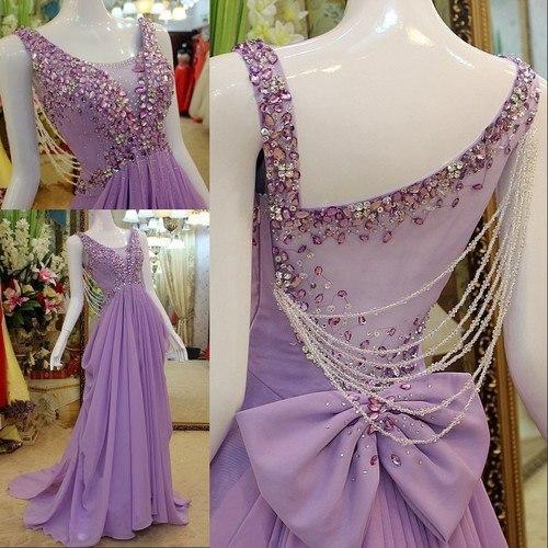 A-line Scoop-Neck Sweep Train Chiffon Lilac Prom Dresses With Crystal