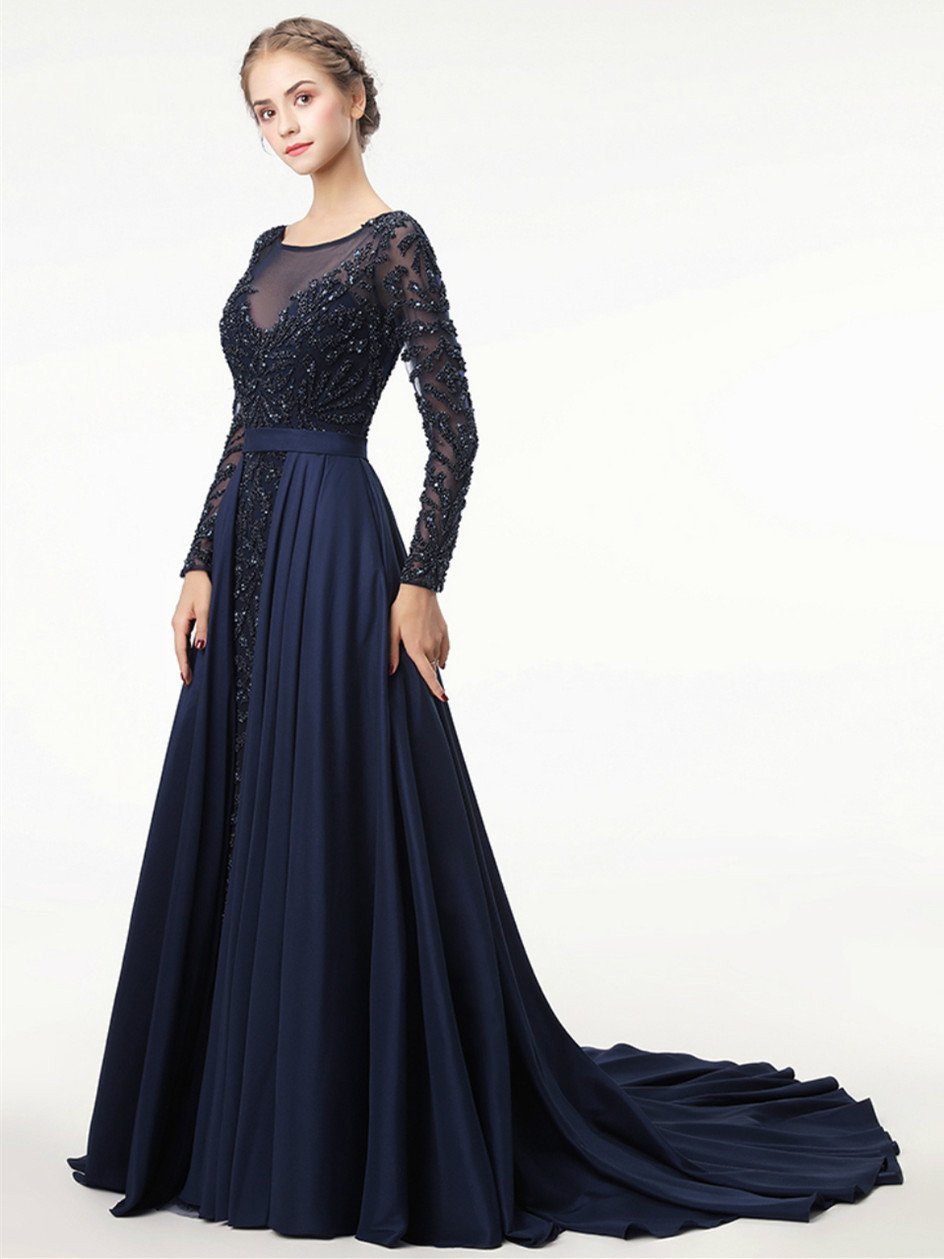 A-line Scoop-Neck Sweep Train Chiffon Long Prom Dresses With Beading