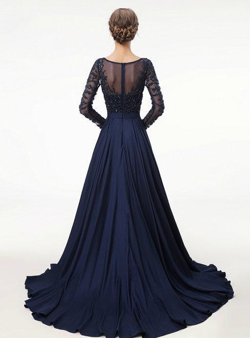 A-line Scoop-Neck Sweep Train Chiffon Long Prom Dresses With Beading