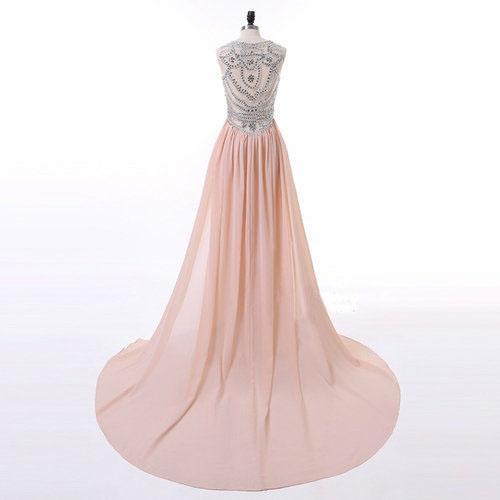 A-line Scoop-Neck Sweep Train Chiffon Pink Prom Dresses With Rhine Stones