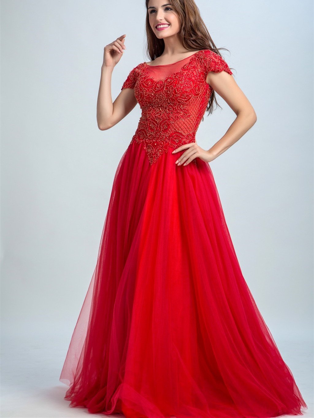 Refined A-line Scoop-Neck Tulle Rhinestone Beaded Appliqued Prom Dresses