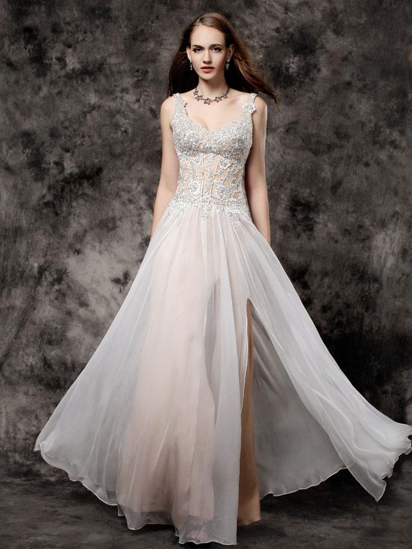 A-line Spaghetti Strap Floor-Length Chiffon Rhine Stone Prom Dress