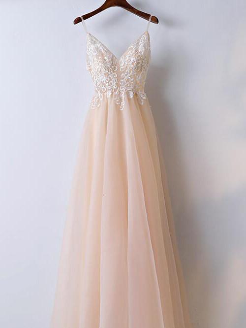 A-line Spaghetti Strap Floor-Length Tulle Lace  Prom Dresses