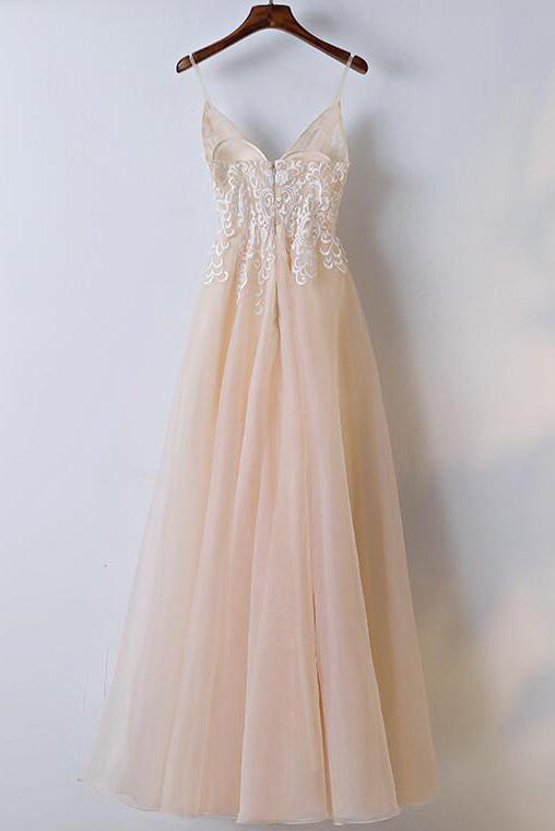 A-line Spaghetti Strap Floor-Length Tulle Lace  Prom Dresses