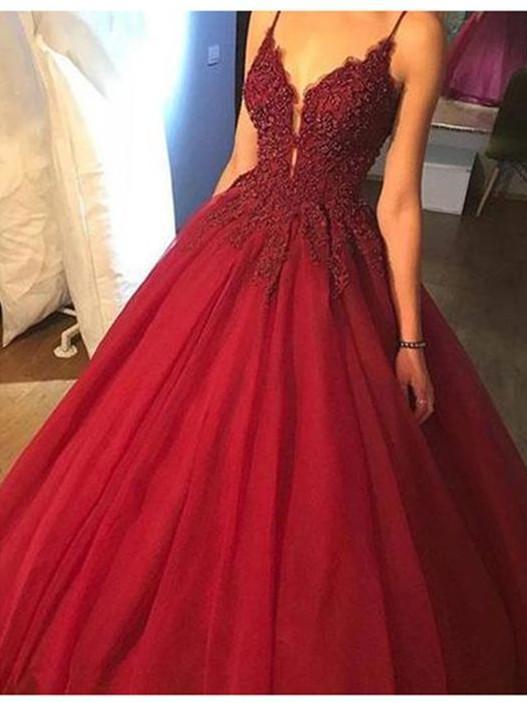 A-line Spaghetti Strap Floor-Length Tulle Prom Dresses With Beading