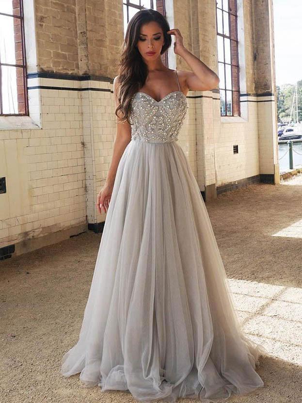 A-line Spaghetti Strap Sweep Train Tulle Rhine Stone Beaded Prom Dresses