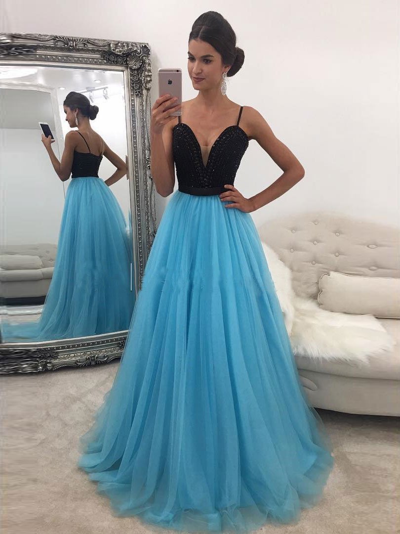 A-line Spaghetti Strap Sweep Train Tulle Rhine Stone Prom Dress