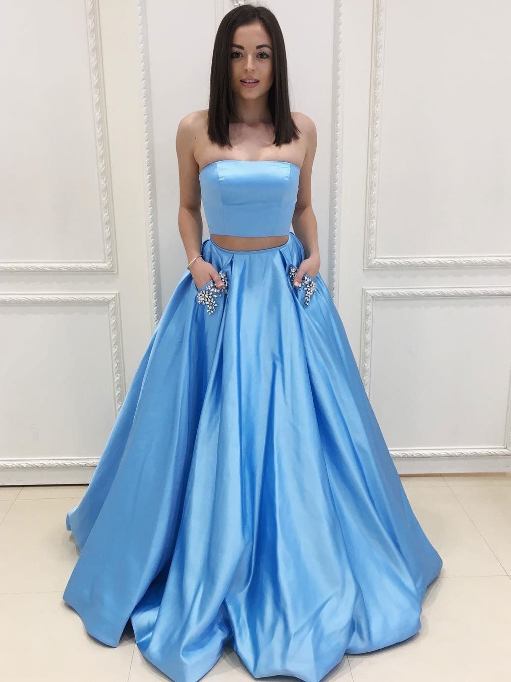 A-line Straight Across Sweep Train Satin  Rhine Stone Two Piece  Prom Dresses