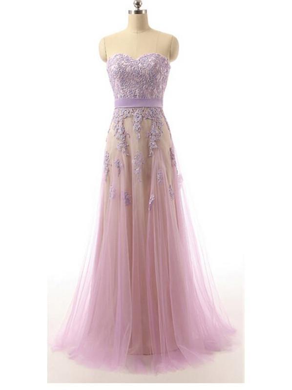 A-line Sweetheart Floor-Length Tulle Prom Dresses With Appliques