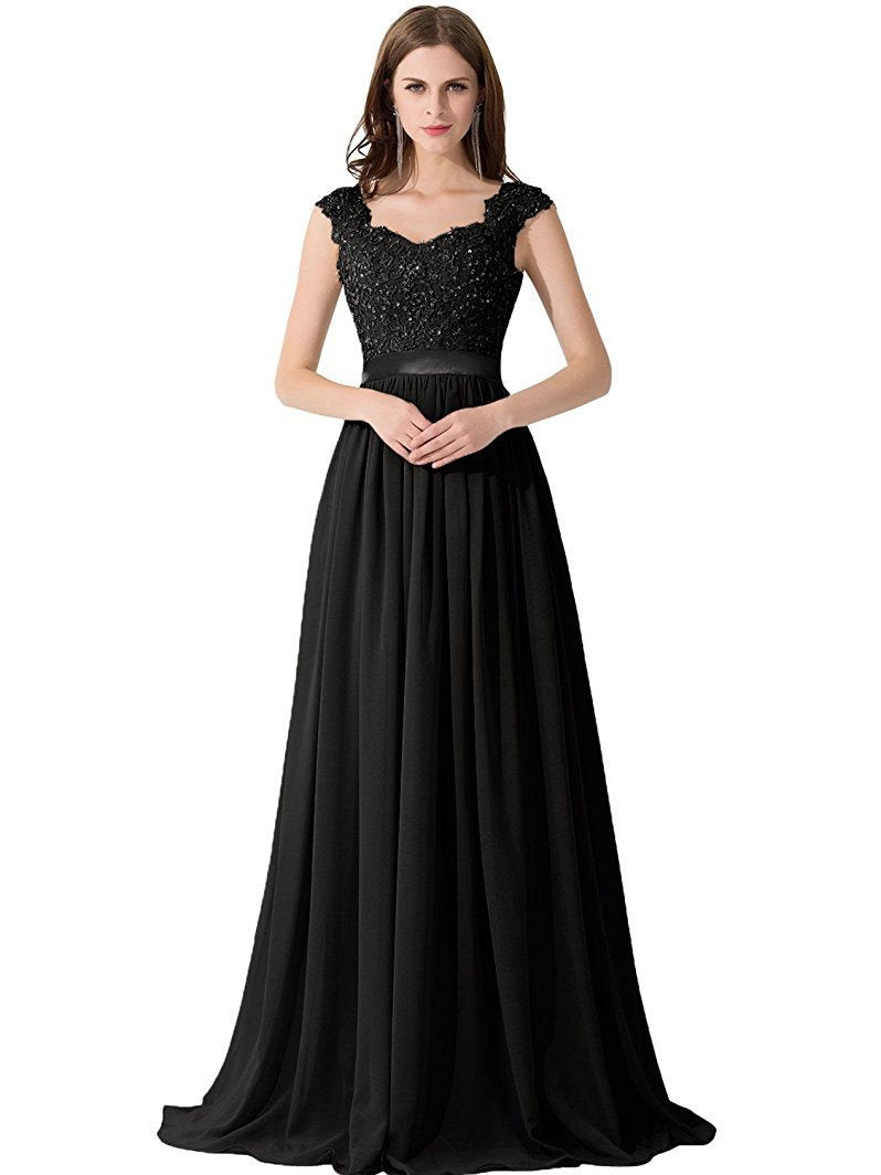 A-line Sweetheart Sweep Train Chiffon Appliqued Beaded Black Prom Dresses