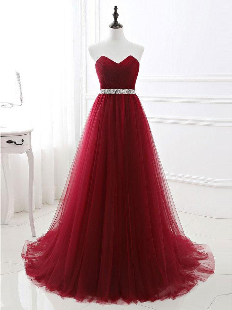 A-line Sweetheart Sweep Train Tulle Rhinestone Prom Dresses