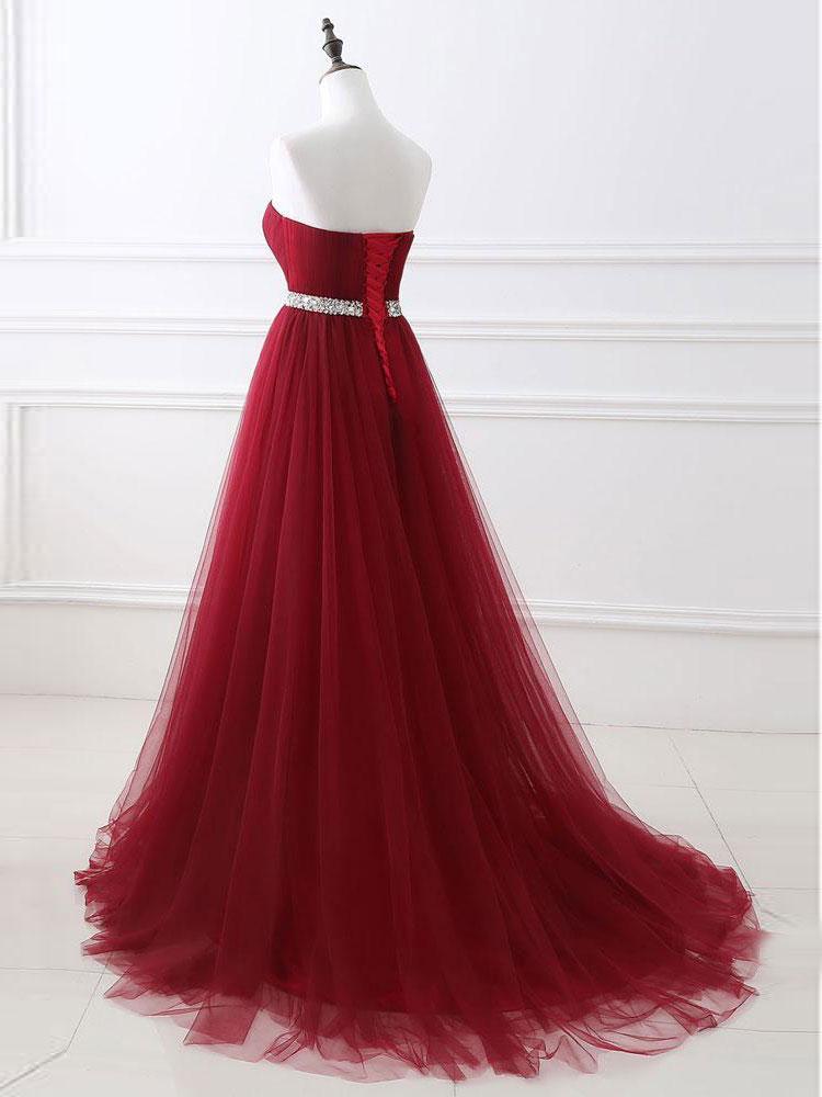 A-line Sweetheart Sweep Train Tulle Rhinestone Prom Dresses