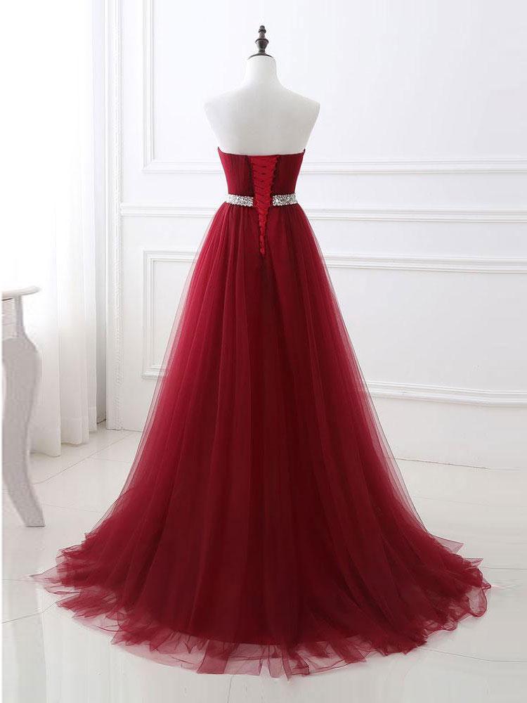 A-line Sweetheart Sweep Train Tulle Rhinestone Prom Dresses