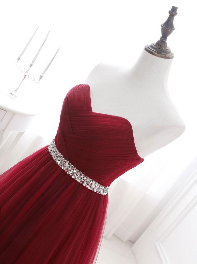 A-line Sweetheart Sweep Train Tulle Rhinestone Prom Dresses