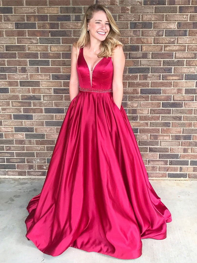 A-line V-Neck Chapel Train Satin Beaded Prom Dresses 2853