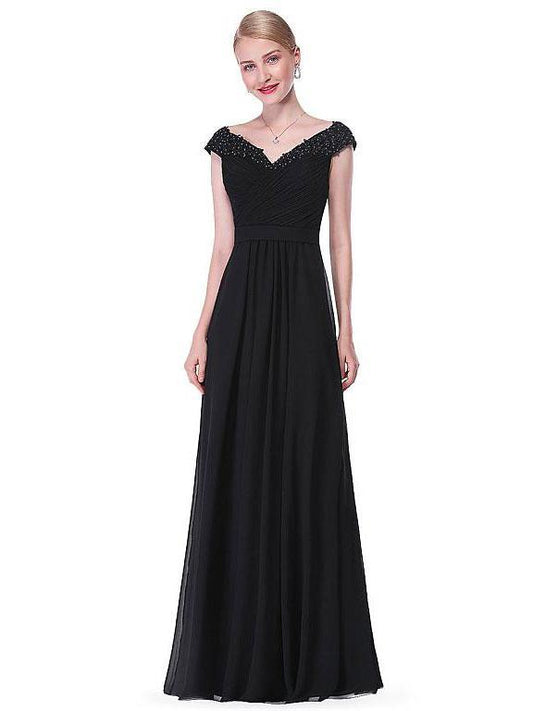 A-Line V-neck Floor-Length Chiffon Beaded Appliqued Prom Dress
