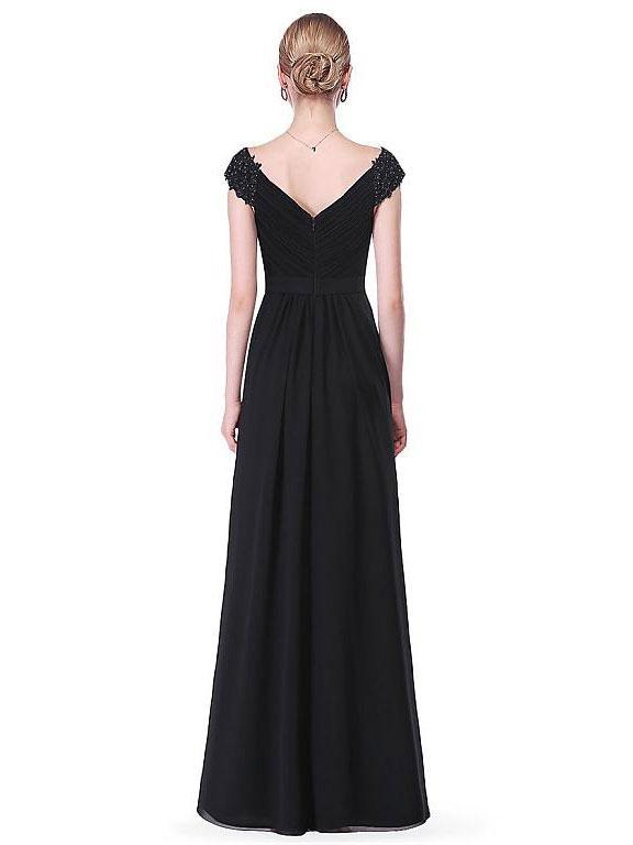 A-Line V-neck Floor-Length Chiffon Beaded Appliqued Prom Dress