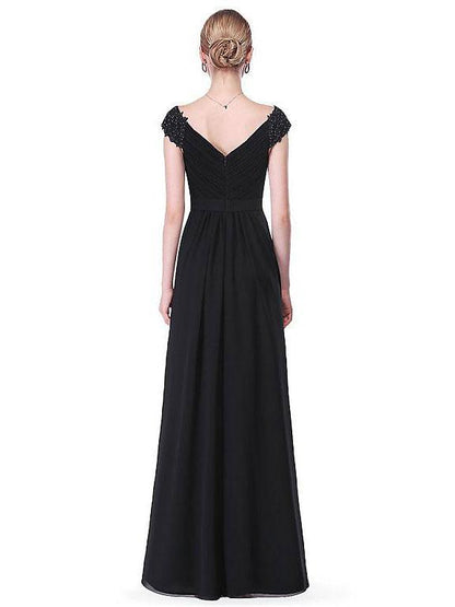 A-Line V-neck Floor-Length Chiffon Beaded Appliqued Prom Dress