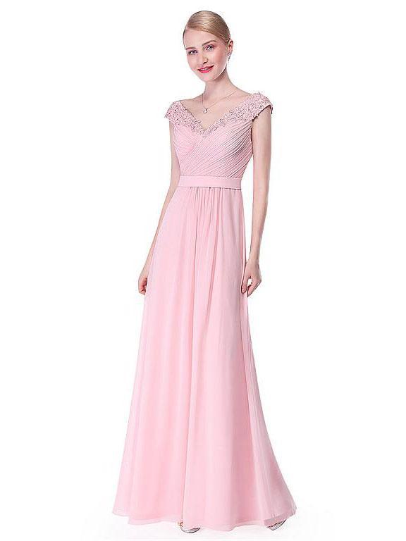 A-Line V-neck Floor-Length Chiffon Beaded Appliqued Prom Dress