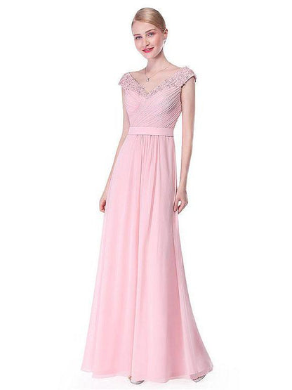 A-Line V-neck Floor-Length Chiffon Beaded Appliqued Prom Dress