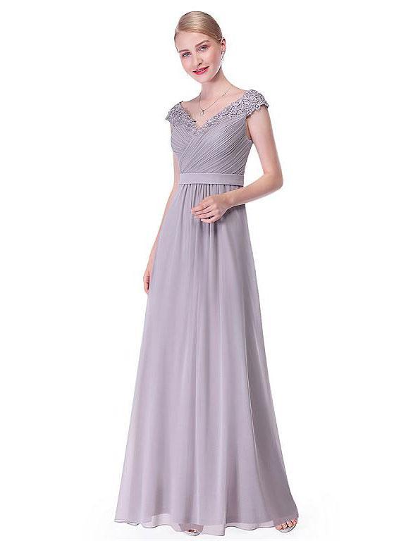 A-Line V-neck Floor-Length Chiffon Beaded Appliqued Prom Dress