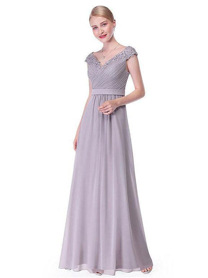 A-Line V-neck Floor-Length Chiffon Beaded Appliqued Prom Dress