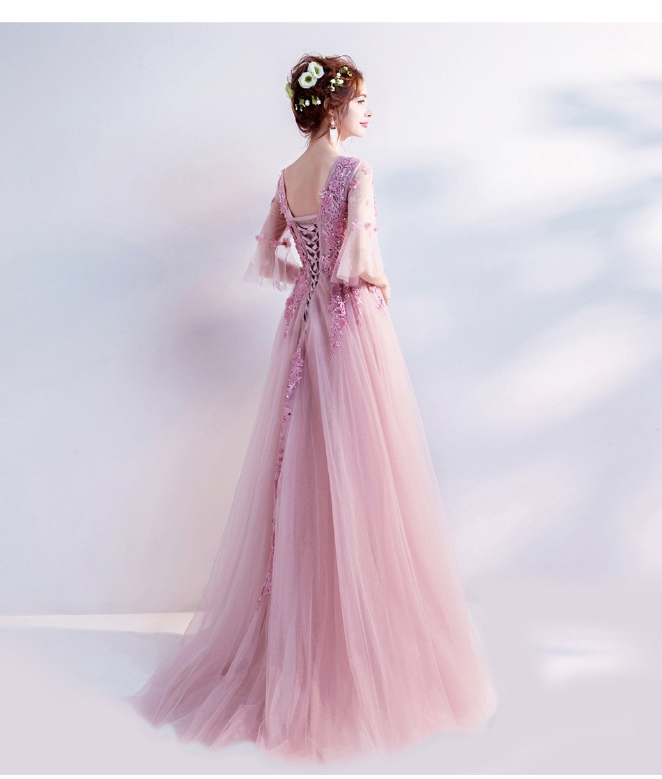 A-line V-Neck Floor-Length Tulle Appliqued Lavender Prom Dresses ASD26997