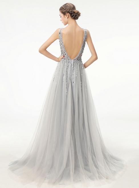 A-line V-neck Floor Length Tulle Gray Prom Evening Dresses