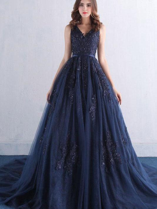 A-line V-neck Lace Appliqued Navy Blue Prom Dresses with Chapel Train