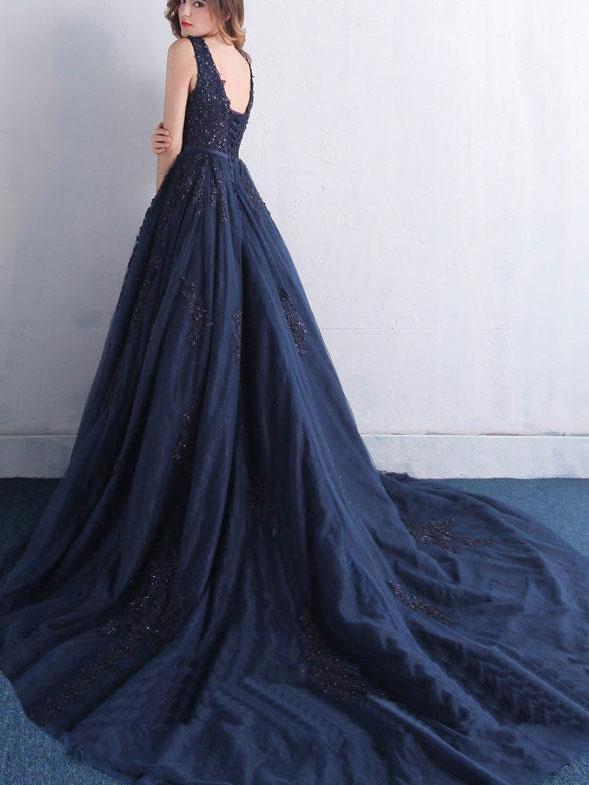 A-line V-neck Lace Appliqued Navy Blue Prom Dresses with Chapel Train