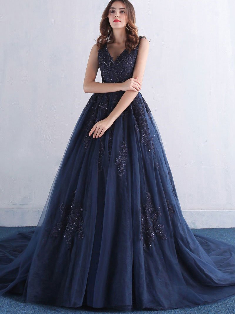 A-line V-neck Lace Appliqued Navy Blue Prom Dresses with Chapel Train