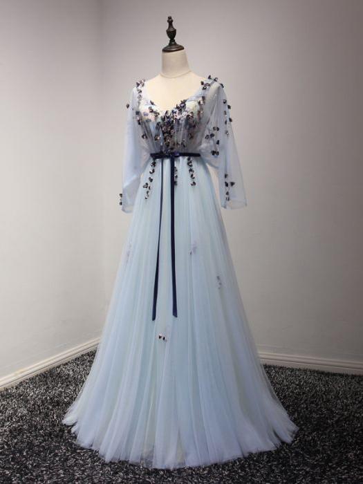 A-line V-neck Sweep Train Chiffon Appliqued Mist Prom Dresses