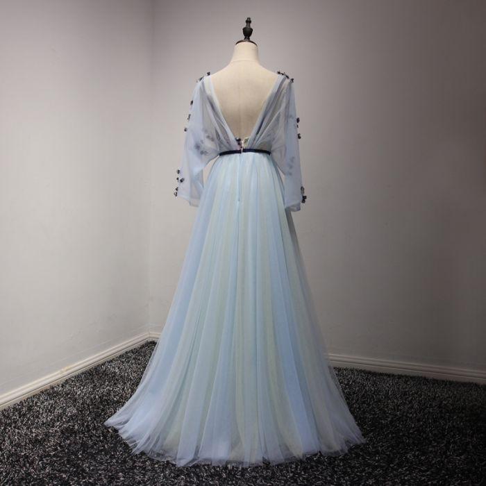 A-line V-neck Sweep Train Chiffon Appliqued Mist Prom Dresses