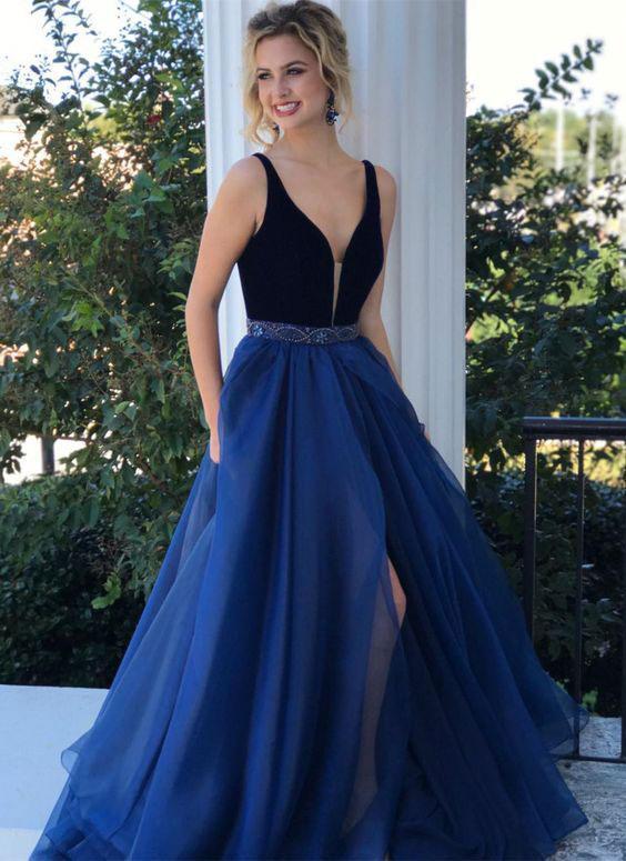 A-line V-neck Sweep Train Organza Beaded Split Side Prom Dresses