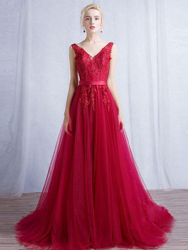 A-line V-neck Sweep Train Tulle Appliqued Beaded Red Prom Dresses