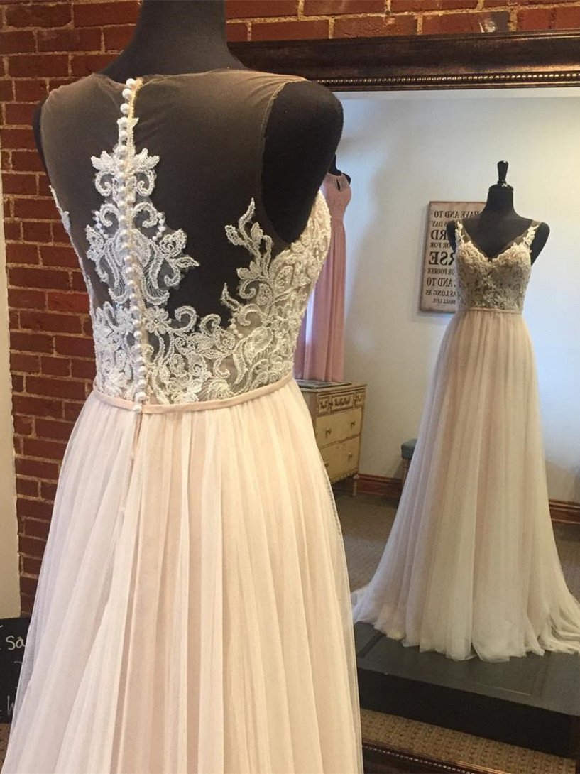 A-line V-neck Sweep Train Tulle Appliqued Long Prom Dresses