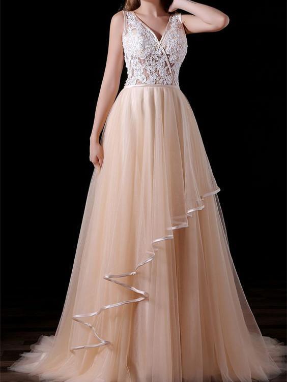 A-line V-neck Sweep Train Tulle Appliqued Prom Dresses