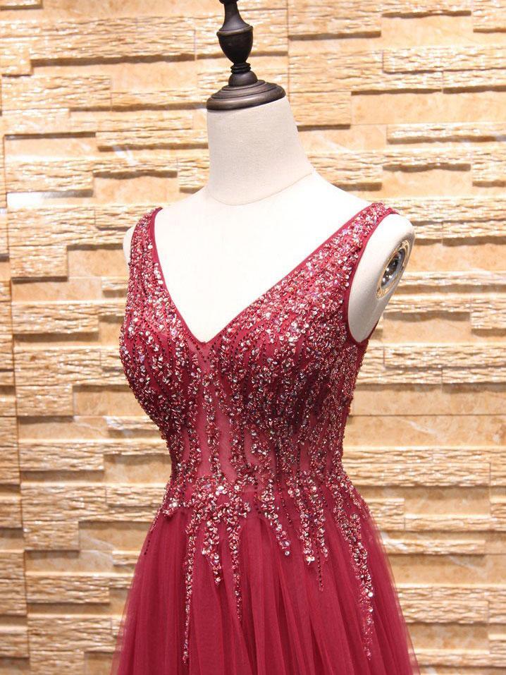 A-line V-neck Sweep Train Tulle Rhinestone Beaded Prom Dresses