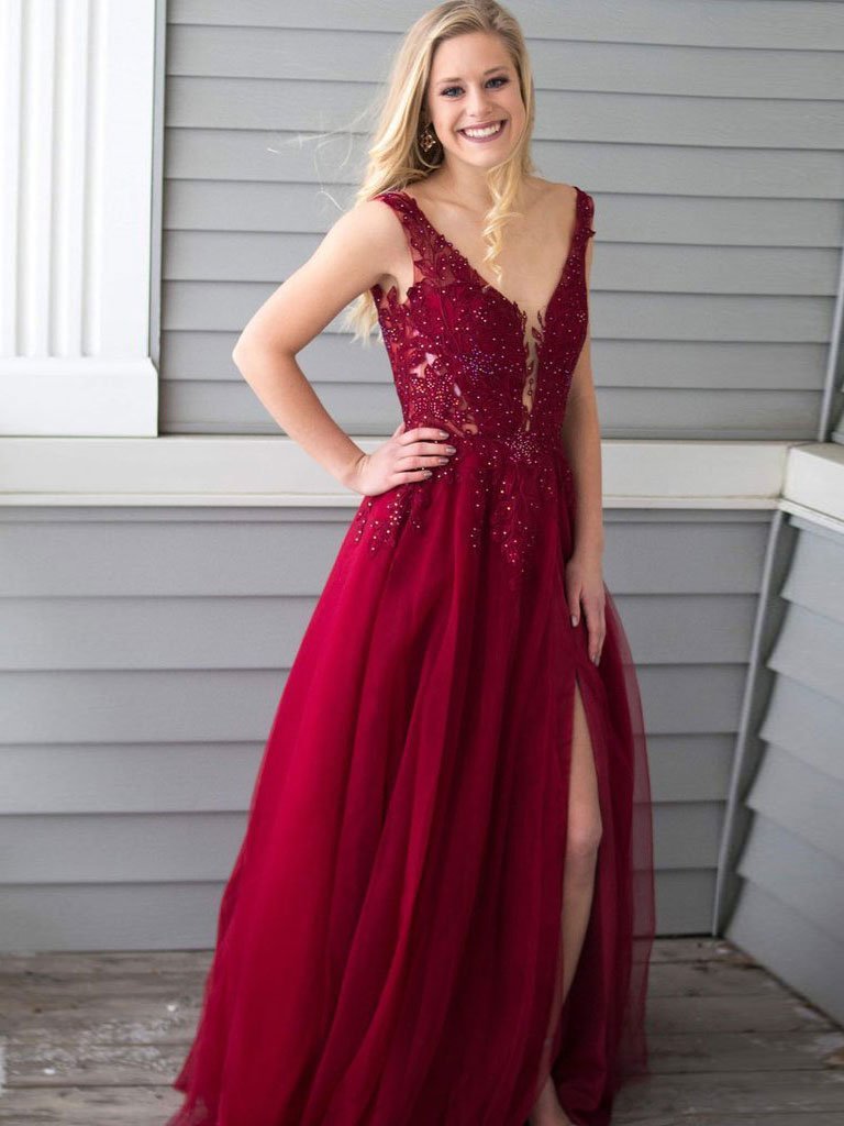 Beautiful Tulle V-neck Neckline Floor-length A-line Prom Dresses With Beaded Appliques