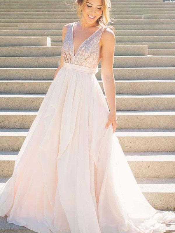 Brilliant Tulle V-neck Neckline Chapel Train A-line Prom Dresses With Sequins