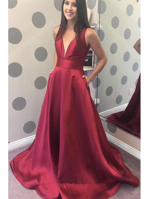 Burgundy Satin V-neck Simple Cheap Long Prom Dresses with Pocket