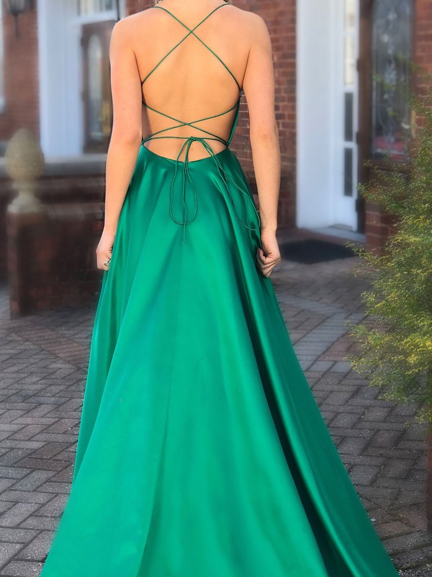 Charming Satin Spaghetti Straps Neckline Sweep Train A-line Prom Dresses With Slit