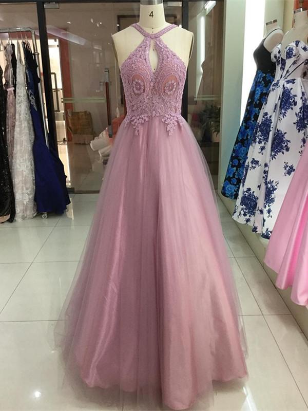 Charming Tulle Halter Neckline A-line Prom Dresses With Beaded Appliques