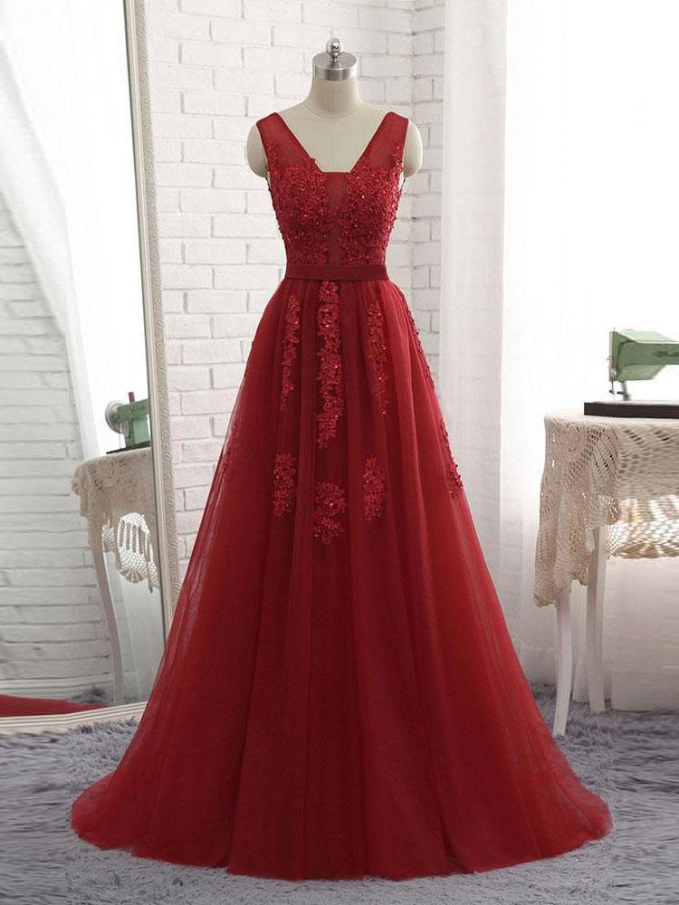 Charming Tulle V-neck Neckline Chapel Train A-line Prom Dresses With Beaded Appliques