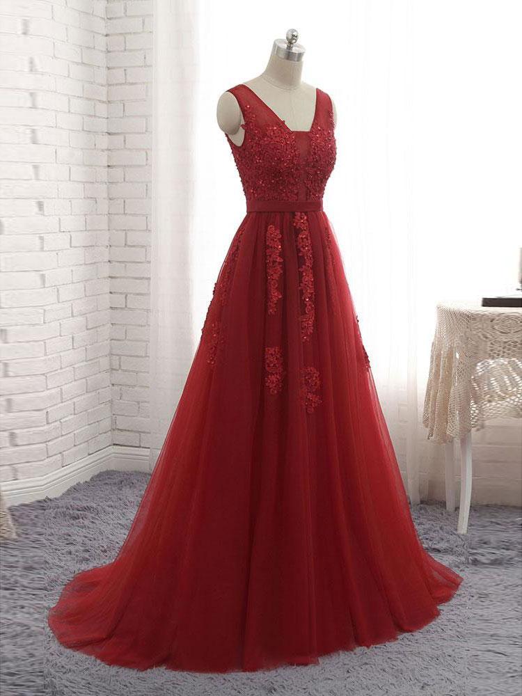 Charming Tulle V-neck Neckline Chapel Train A-line Prom Dresses With Beaded Appliques