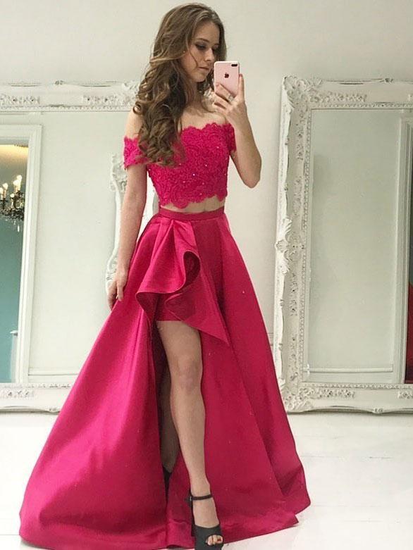 Chic Satin Off-the-shoulder Neckline Floor-length Two-piece A-line Prom Dresses With Beaded Appliques